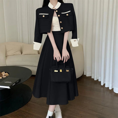 New Small Fragrance Two Piece Set Short Jacket Coat + Long Skirt Suits Korean Ol 2 Piece Sets