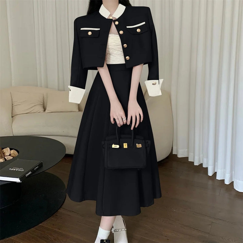 New Small Fragrance Two Piece Set Short Jacket Coat + Long Skirt Suits Korean Ol 2 Piece Sets