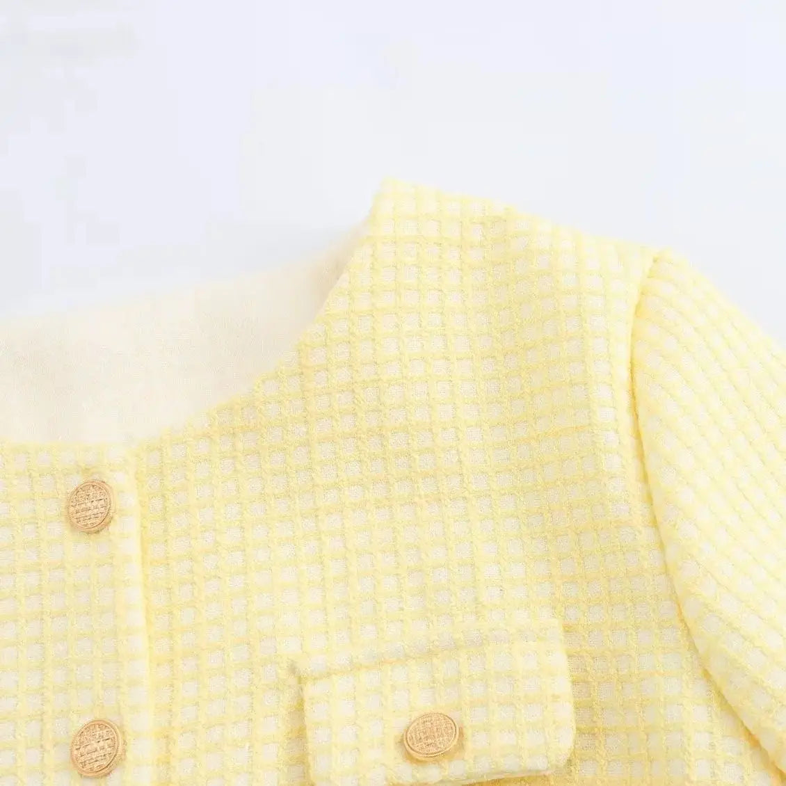 Autumn O Neck Yellow Plaid Tweed Coat Cropped Front Pockets Gold Buttons Short Blazer Jacket