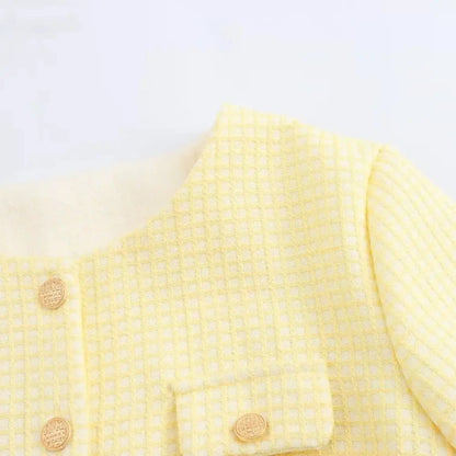 Autumn O Neck Yellow Plaid Tweed Coat Cropped Front Pockets Gold Buttons Short Blazer Jacket