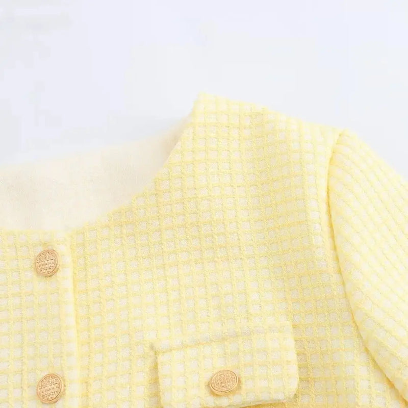 Autumn O Neck Yellow Plaid Tweed Coat Cropped Front Pockets Gold Buttons Short Blazer Jacket