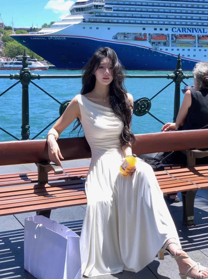 White Long Dresses Fairycore Slash Neck Inclined Shoulder Vestidos Summer Laceup Ruched Trumpet Dress