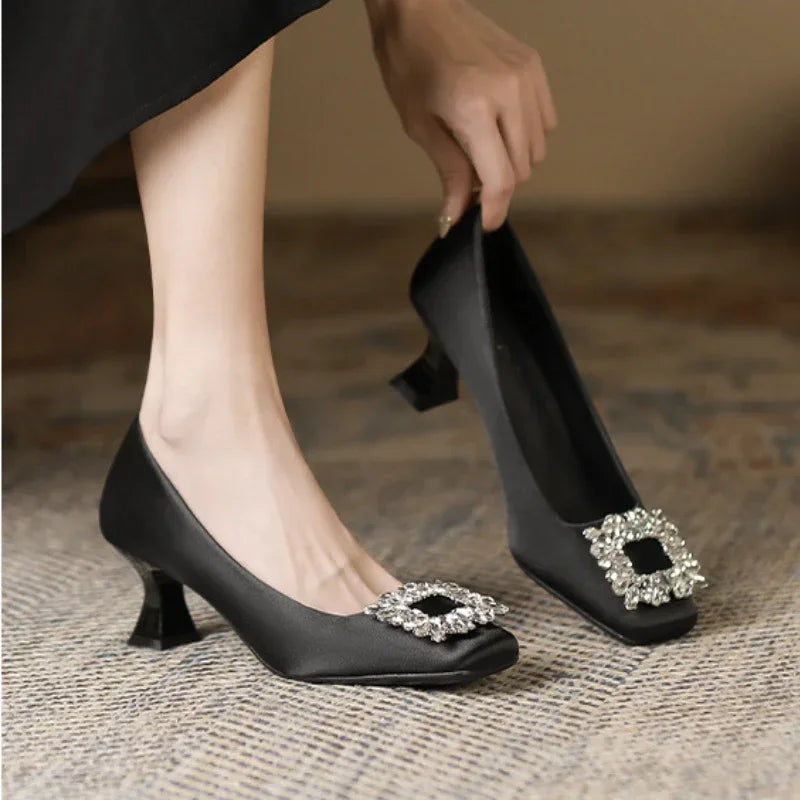 Rhinestone Satin Pumps Square Button Low Heel Office Shoes Crystal High Heels Dress Shoes