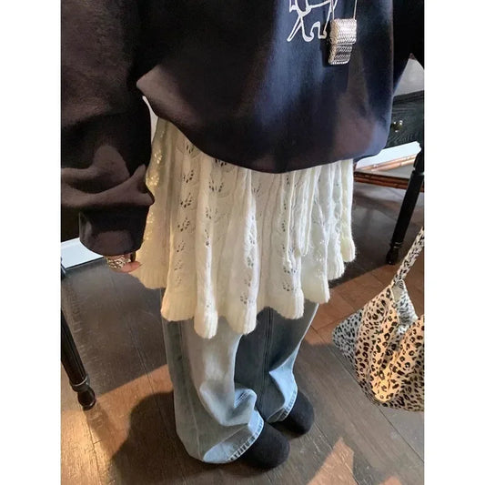 High Waist Lace Up Aline Skirt Spring New Korean Seethrough Hollow Color Knitted Mini Skirt