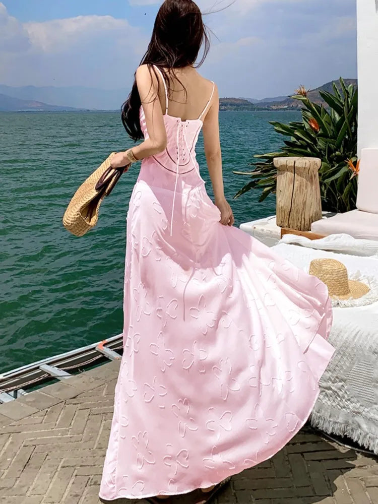 Sweet Pink Long Dresses Spaghetti Strap Laceup Princess Evening Party Dress Summer Holiday Aline Vestidos Robe