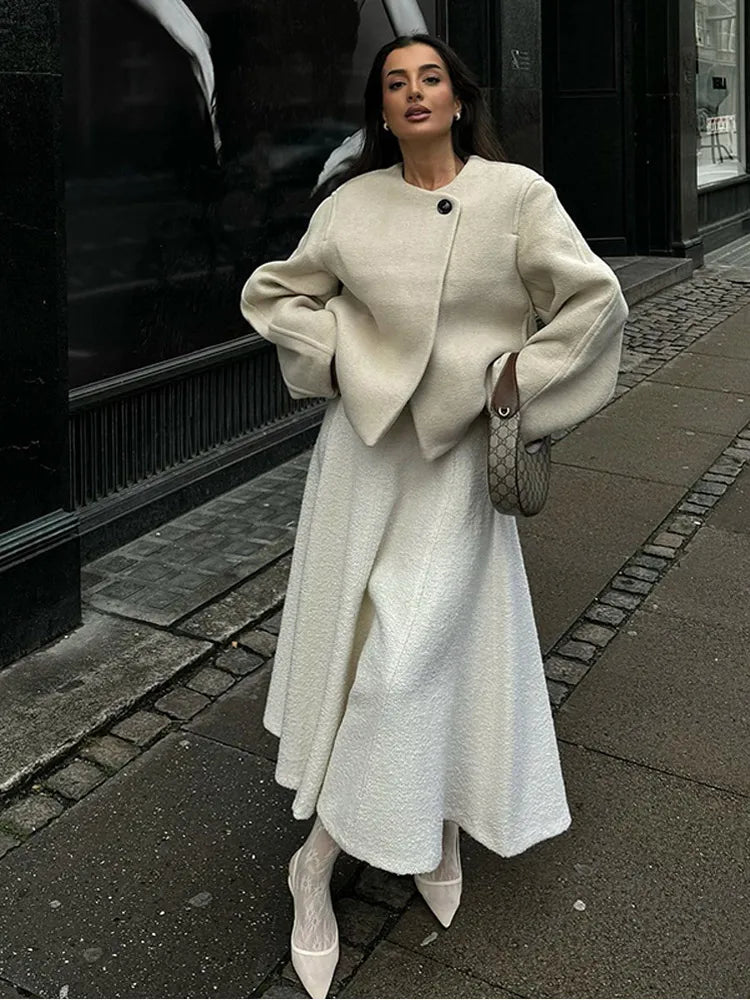 One Button O-neck Woolen Coats for Long Sleeve Cropped Oversized Jackets Lady High Street Outerwear New