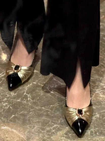 Gemstones Sandals Pointy Toe High Heels Patent Leather Patchwork Golden Strap Summer Causal Shoes Party