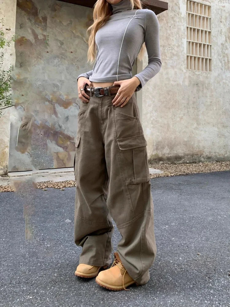 Retro Cargo Denim Pants Hip Hop Baggy High Waist Japanese Style Wide Leg Jeans Y2k Causal Mujer Trouser