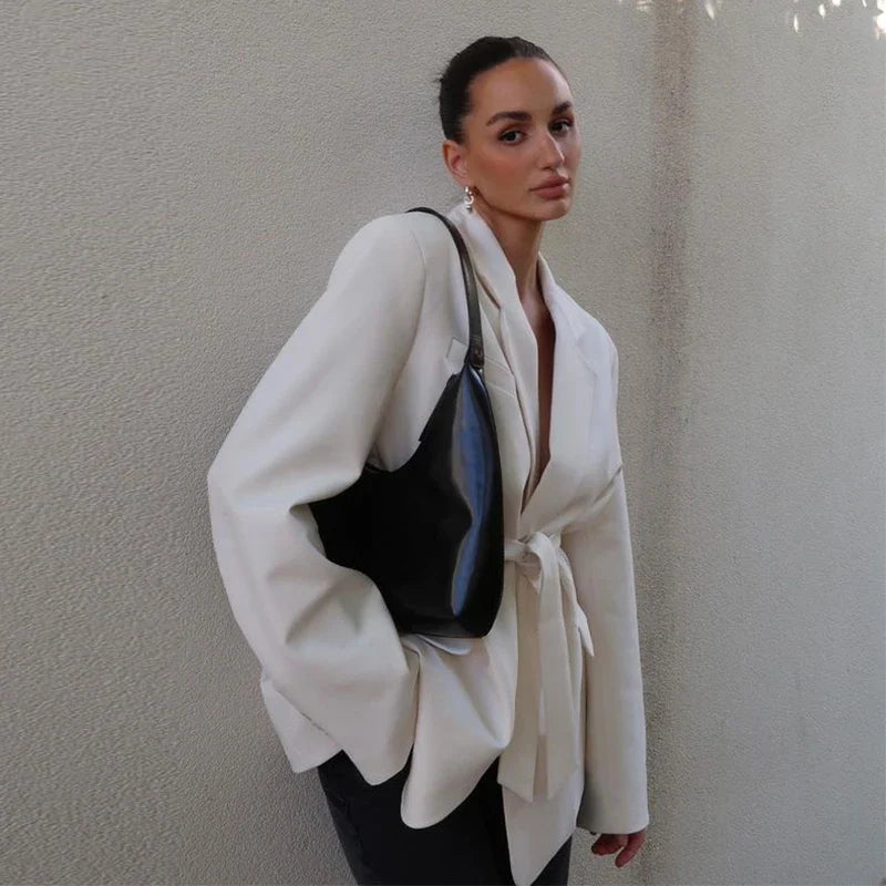Loose Waist Cinching Belt Full Sleeve Jacket Female Tailored Coat Retro Lapel Suit Jackets