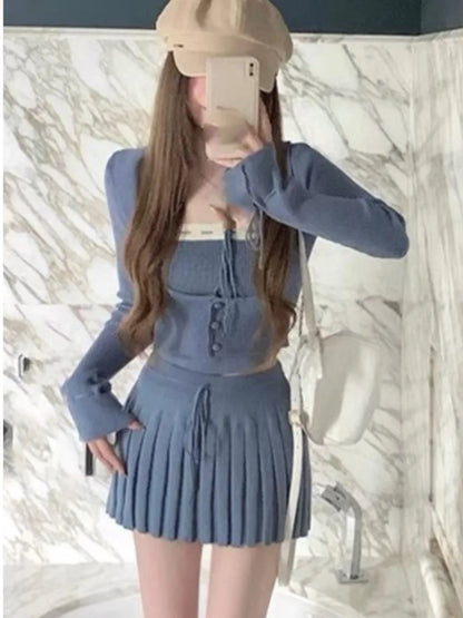 Knitted Suit 3 Piece Set Woman Y2k Cropped Patchwork Vest + Slim Cardigan + Mini Pleated Skirt Autumn Korean Outfits