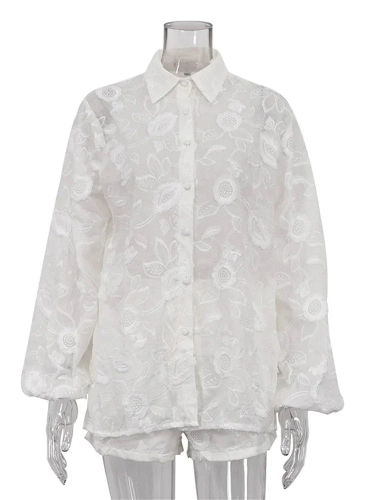 Printed See-through Outfits Female Patchwork Cardigan Shirts and Lace-up High Waist Shorts Sets Autumn 2 Piece-set