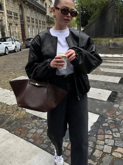 Zipper Round Neck Faux Leather Jacke Long Sleeved Color Coat Autumn New Lady Commuting Outerwear