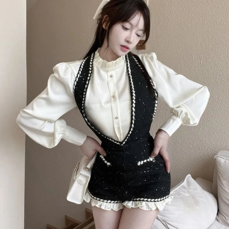 French Two-piece Set Ruffles O-neck Shirt Tweed Halter Short Overalls Autumn Y2k Outfits New