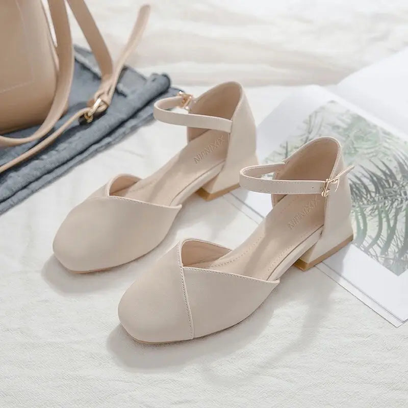 Summer Shoes Pearl Square Heels for Office Work Medium Sandals Woman Footwear H on Offer Designer Original