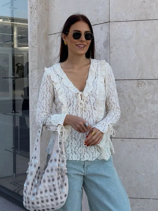 Spring V-neck Lace Laminated Blouse