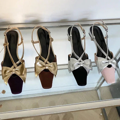 Sweet Butterflyknot Low Heel Mules Shallow Dress Shoes Female Comfy Crosstied Square Toe Slingback Sandals