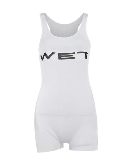 Letter Print Catsuit White One Piece Romper Jumpsuit Tank Top Short Playsuit Bodycon Ropa De Mujer Summer Outfits Bodysuit