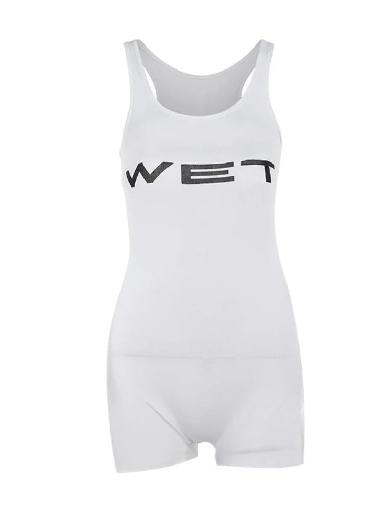 Letter Print Catsuit White One Piece Romper Jumpsuit Tank Top Short Playsuit Bodycon Ropa De Mujer Summer Outfits Bodysuit
