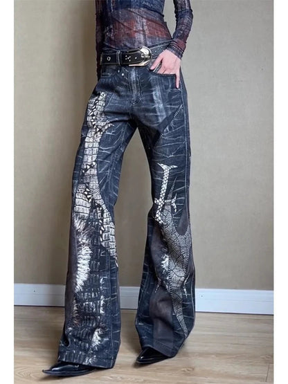 Retro Snake Printed Flared Jeans Cross Print High Waist Mujer Do Old Boot Cut Denim Pants Hip Hop Y2k Bottoms
