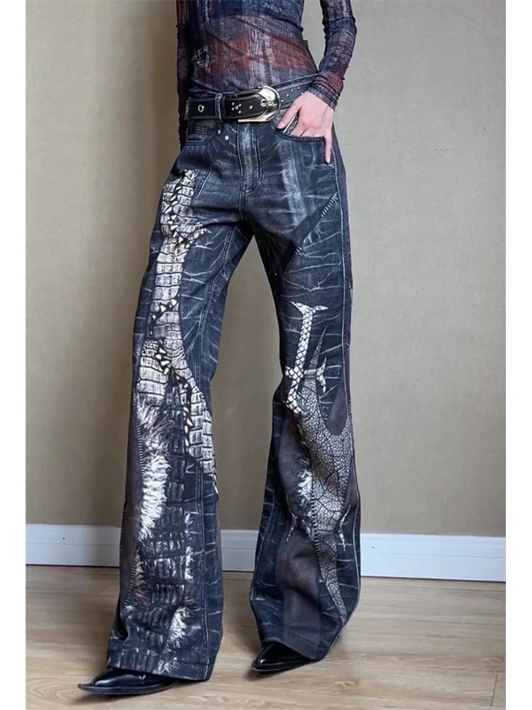 Retro Snake Printed Flared Jeans Cross Print High Waist Mujer Do Old Boot Cut Denim Pants Hip Hop Y2k Bottoms