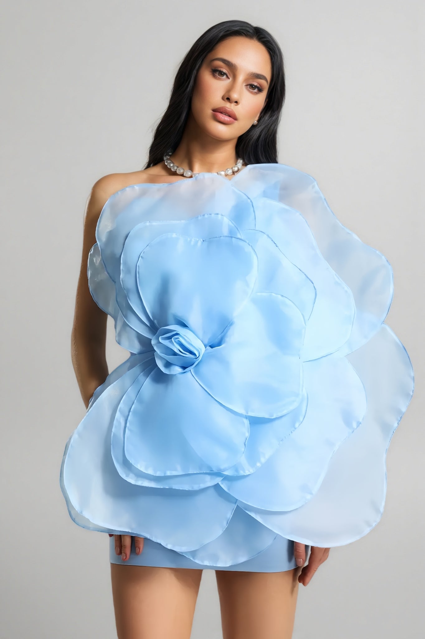 Marielle Mesh Flower One Shoulder Mini Dress-blue