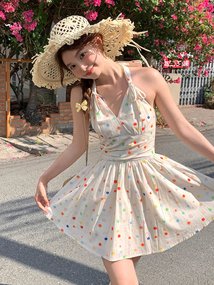Summer New Sweet Kawaii Dots Mini Dress Retro Sleeveless One Piece Dress Japanese Style Even Party Dress