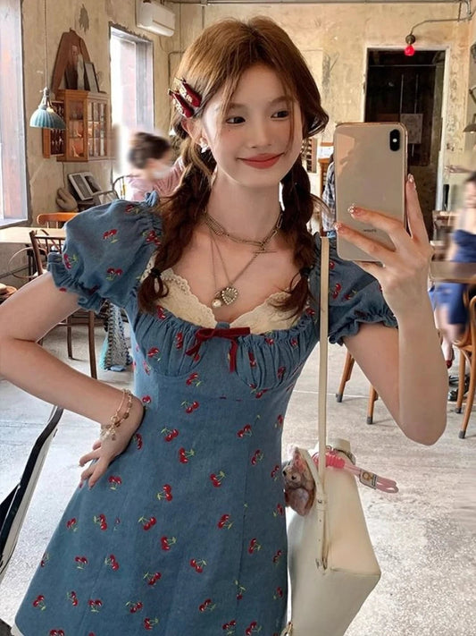French Printing Mini Dress Japan Sweet Lace Summer One Piece Dress Fairy Evening Party Denim Dresses