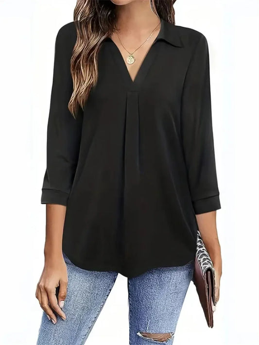 Spring Summer Style Blouses Shirts Lady Three Quarter Sleeve Turn-down Collar Color Loose Blouse Tops Df5012