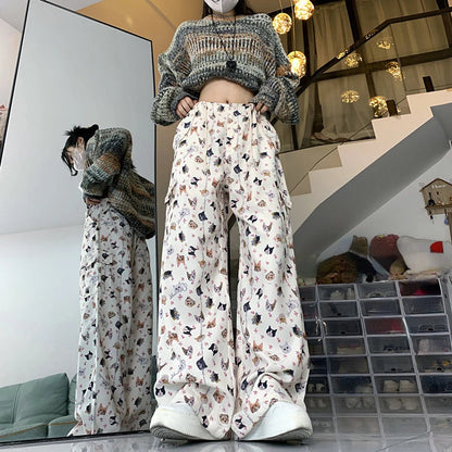 Retro Graffiti Design Sense Work Suit Pants 90s Hot Girl Y2k Straight Tube Sports Street Dance Wide Leg Pants