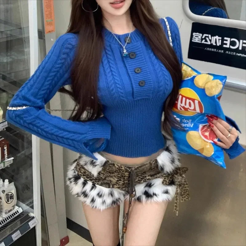 Spring New Korean Lace Splicing Multibutton Color Long Sleeve Sweater + Warm Plush Scarf Twopiece Suit