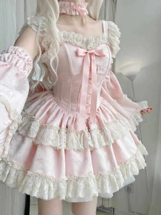 Sweet Lolita Princess Dress Kawaii Lace Ruffles Bow Slim Dresses Japan Harajuku Y2k Evening Party Mini Dress
