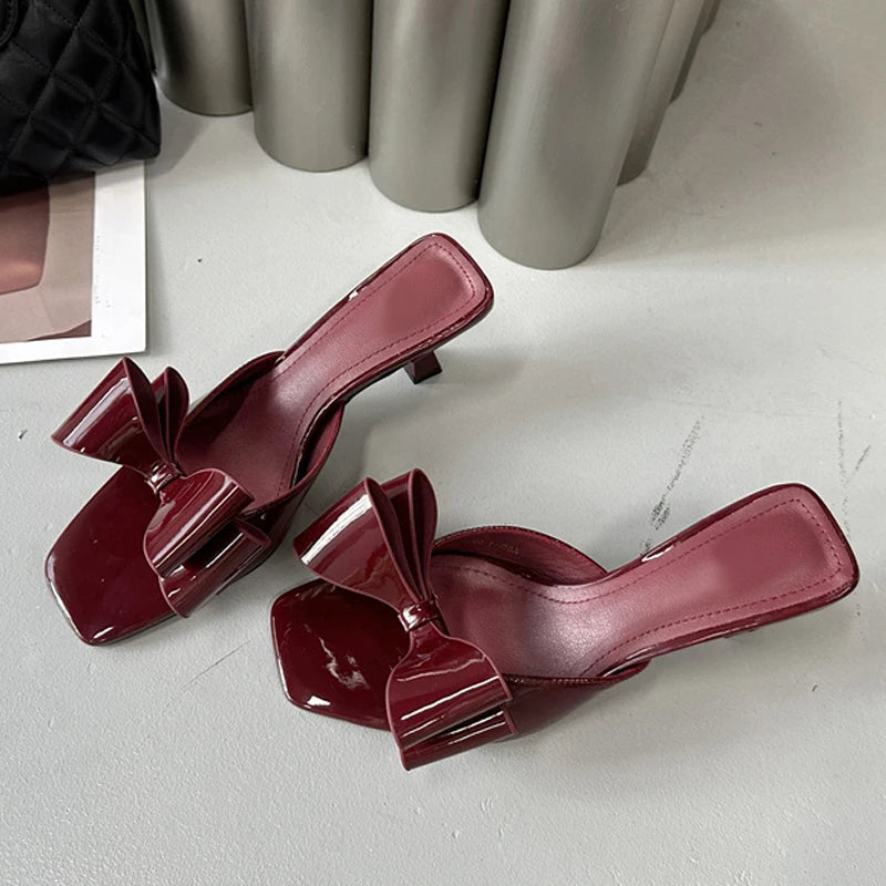 Patent Leather Butterfly Knot Slippers Square Toe Summer Sandals Low Thin Heels Mules Slides Shoes Size 39