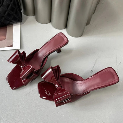 Patent Leather Butterfly Knot Slippers Square Toe Summer Sandals Low Thin Heels Mules Slides Shoes Size 39