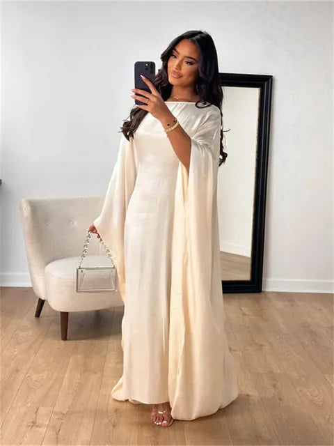 Autumn Loose Shiny Maxi Dress ’s Butterfly Batwing Long Sleeve Muslim Clothes Party Dress Female Long Dress New
