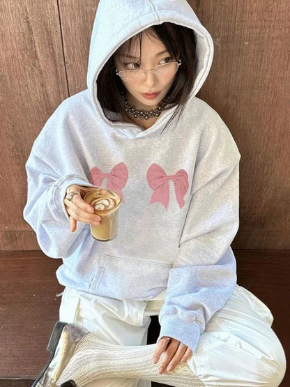 Kawaii Bow Print Hoodies Y2k Long Sleeve Sweatshirt Oversized Sweet Girl Causal Loose Autumn Winter Clothes Ins