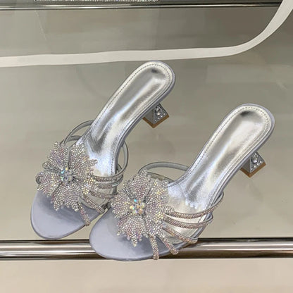 New Gold Silver Crystal Gem Strange Low Heels Slippers Rhinestone Flowers Summer Party Prom Shoes Mules Sandals