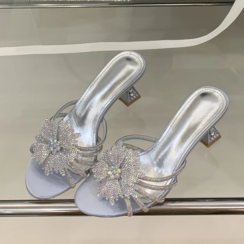 New Gold Silver Crystal Gem Strange Low Heels Slippers Rhinestone Flowers Summer Party Prom Shoes Mules Sandals
