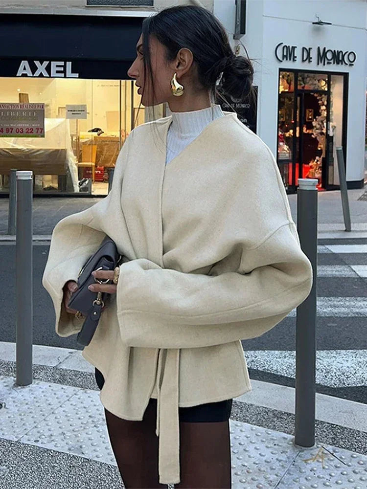 Lace Up Coat for V-neck Long Sleeve Slim Jacket Cardigan Autumn Winter Lady Outwear New in Coats