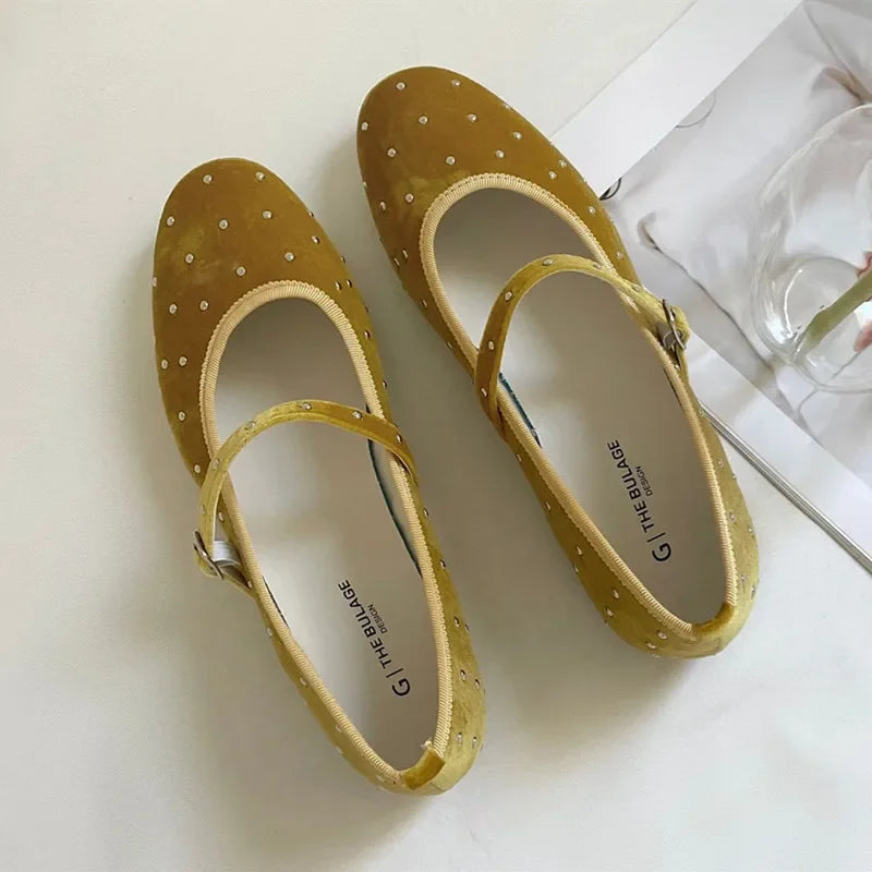 Satin Velvet Rivet Decoration Flat Shoes New Designer Comfort Mary Jane Shoe Ballet Flats Loafers