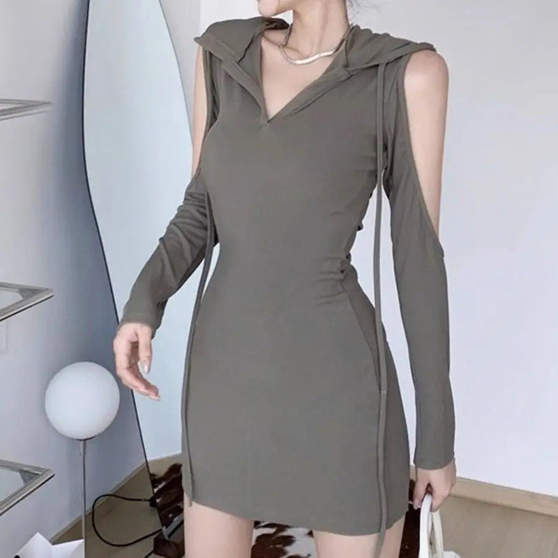 European and American Wasteland Style Hooded Tie Up Dress, Spicy Girl With Waistband and Open Backpack Buttocks Short Skirt