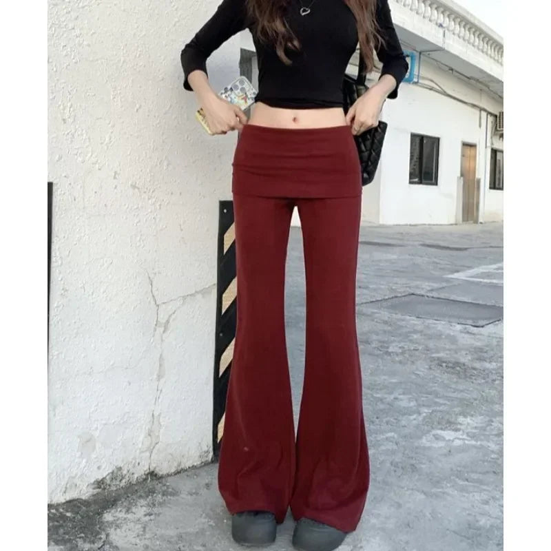 Korean Retro Splicing Color Allmatch Pants Autumn New Fake Twopiece Low Waist Slim Wide Leg Pants