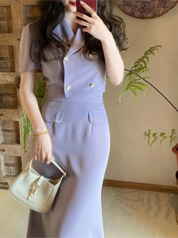 Summer Blouse Suits Purple Korean Short Sleeve Shirts +hight Waist Skirts 2 Pieces Set