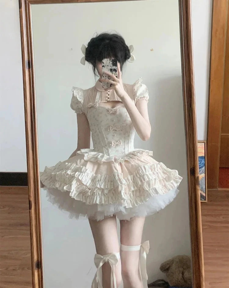 French Temperament Princess Skirt Sets Sweet Bow Strapless Slim Top Ball Gown Skirt Short Sleeve Coat Lolita Threepiece Sets