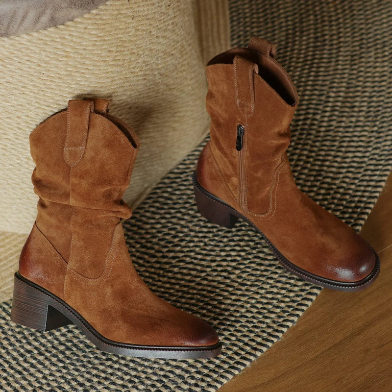 Autumn New Natural Suede Leather Gradient Color Side Zip Autumn Midcalf Boots 5cm Thick Med Heel Pleated Half Boot
