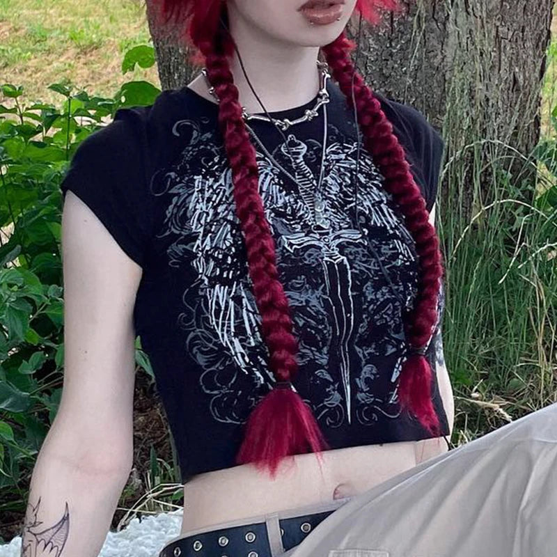 90s Harajuku Printed T-shirt Short Sleeved Tight Top ’s Y2k Street Wear Exposed Navel Top
