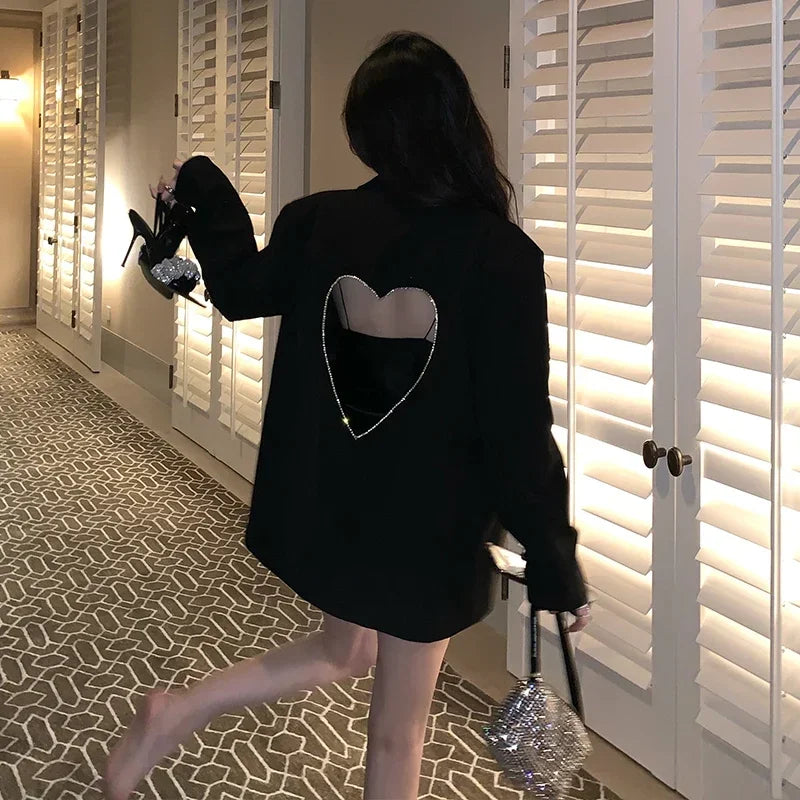 Black Blazers for Patchwork Diamond Heart Pattern Notched Long Sleeve Coats Female Autumn Clothes