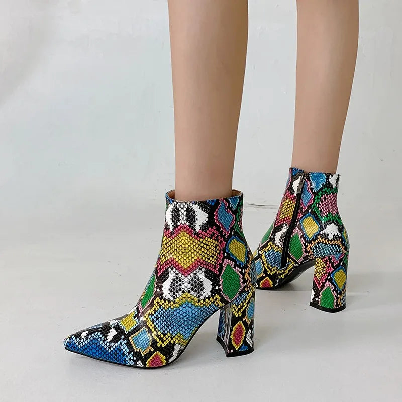 Snake Print Pu Leather Ankle Boots Zip Pointed Toe Footwear Block High Heels Female Boot Winter Party Shoes New 43