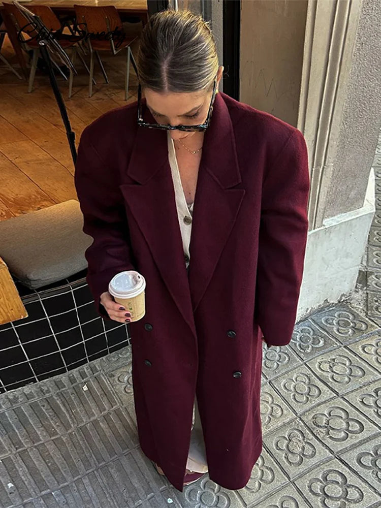 Burgundy Red Woolen Long Coat Oversized Shoulder Pads Full Sleeve Double Breasted Overcoats Autumn Lady
