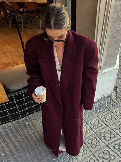 Burgundy Red Woolen Long Coat Oversized Shoulder Pads Full Sleeve Double Breasted Overcoats Autumn Lady