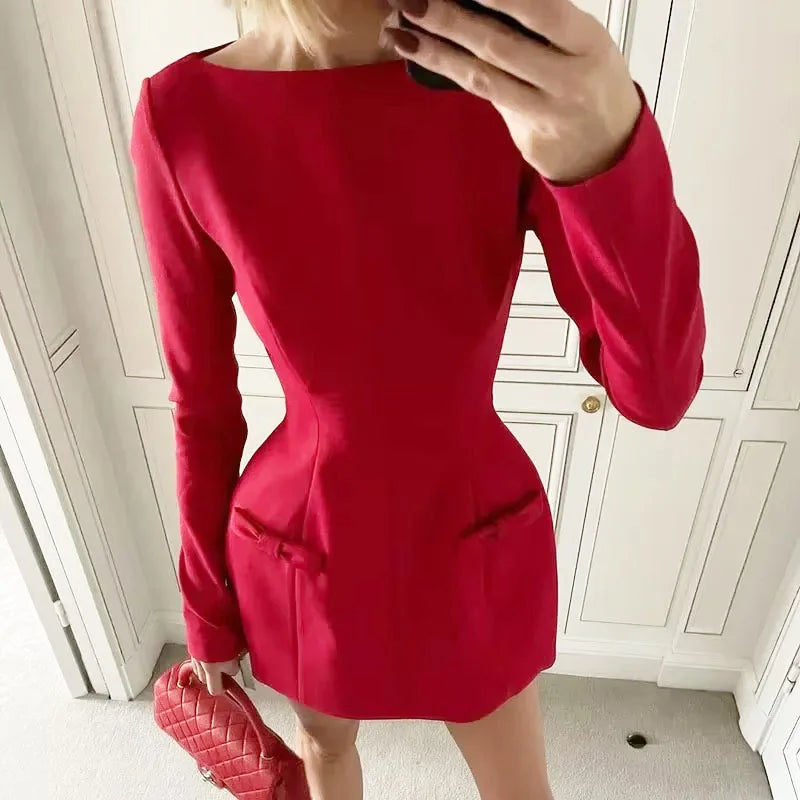 Bows Splice Long Sleeve Mini Dress Office Woman Bodycon Club Party Dresses Autumn High Waist